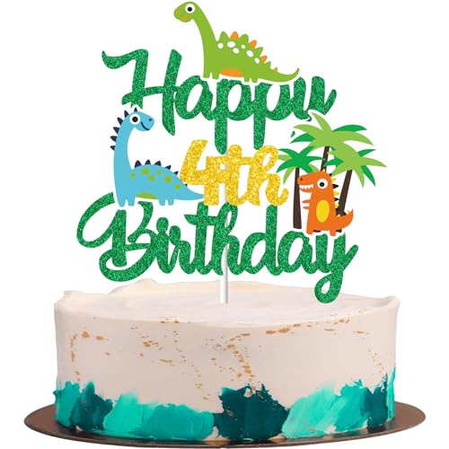Gidobo Kuchendekoration zum 4. Geburtstag, Dinosaurier-Kuchendekorationen mit Plam, Dschungeltier-Thema, Kuchenpicker für Kinder, Jungen, Mädchen, Geburtstagsparty-Zubehör von Gidobo