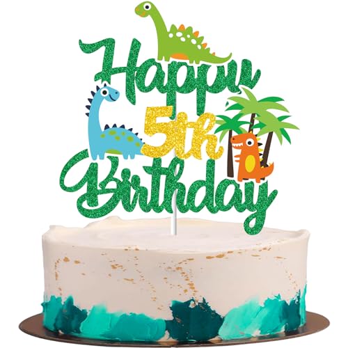 Gidobo Kuchendekoration zum 5. Geburtstag, Dinosaurier-Kuchendekorationen mit Plam, Dschungeltier-Thema, Kuchenpicker für Kinder, Jungen, Mädchen, Geburtstagsparty-Zubehör von Gidobo