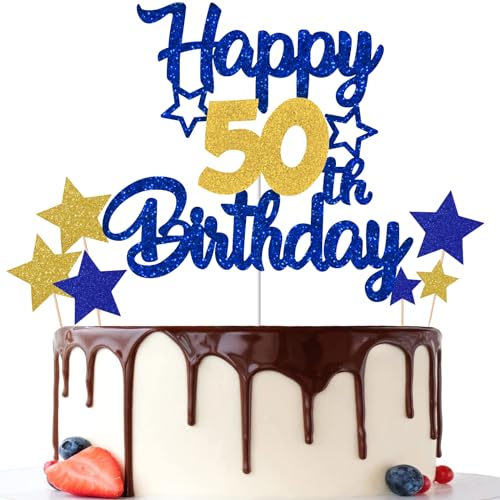 Gidobo Kuchendekoration zum 50. Geburtstag, blau-goldfarben, glitzernde Kuchendekorationen mit Sternen, Partyzubehör für Männer und Frauen von Gidobo
