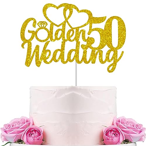 Gidobo Kuchendekoration zum 50. Hochzeitstag mit Herz, Cupcake-Topper, glitzernde goldene Hochzeit, Jahrestag, Herz-Kuchendekoration für Feiern, Partyzubehör von Gidobo