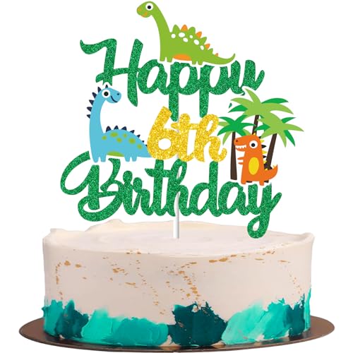 Gidobo Kuchendekoration zum 6. Geburtstag, Dinosaurier-Kuchendekorationen mit Plam, Dschungeltier-Thema, Kuchenpicker für Kinder, Jungen, Mädchen, Geburtstagsparty-Zubehör von Gidobo