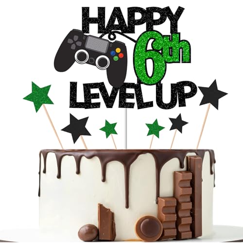 Gidobo Kuchendekoration zum 6. Geburtstag, schwarz-grün, glitzernde Kuchendekorationen mit Controller-Thema, 6 Jahre altes Level Up-Videospiel, Geburtstagsparty-Zubehör für Jungen von Gidobo