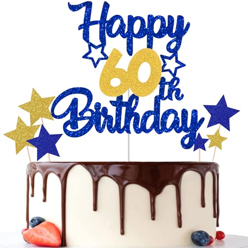 Gidobo Kuchendekoration zum 60. Geburtstag, blau-goldfarben, glitzernde Kuchendekorationen mit Sternen, 60 Jahre altes Geburtstagsparty-Zubehör für Männer und Frauen von Gidobo