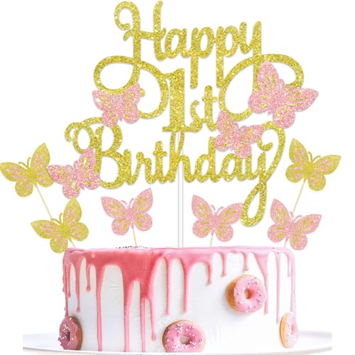 Gidobo Schmetterling Happy 1st Birthday Cake Toppers Gold Pink Schmetterling Kuchen Dekorationen mit Cupcake Toppers Glitzer Schmetterling Thema Kuchen Topper Dekorationen Party Feier für Mädchen Gidobo Schmetterling Happy 1st Birthday Cake Toppers Gold Pink Schmetterling Kuchen Dekorationen mit Cupcake Toppers Glitzer Schmetterling Thema Kuchen Topper Dekorationen Party Feier für Mädchen von Gidobo