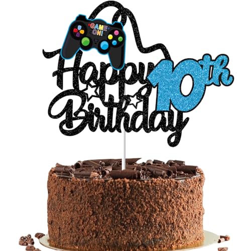 Gidobo Tortenaufsatz "Happy 10th Birthday" für Jungen, glitzernde Videospiel-Kuchenaufsätze, Spiel auf mit Controllern, für 10 Jahre alte Geburtstagsparty-Zubehör von Gidobo