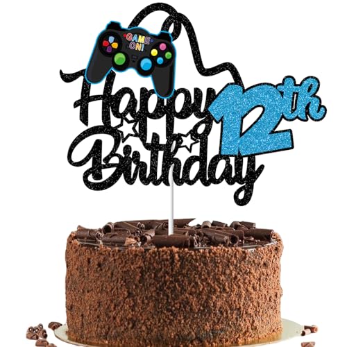 Gidobo Tortenaufsatz "Happy 12th Birthday" für Jungen, glitzernde Videospiel-Kuchenaufsätze, Spiel auf mit Controllern, für zwölf Jahre alte Geburtstagsparty-Zubehör von Gidobo