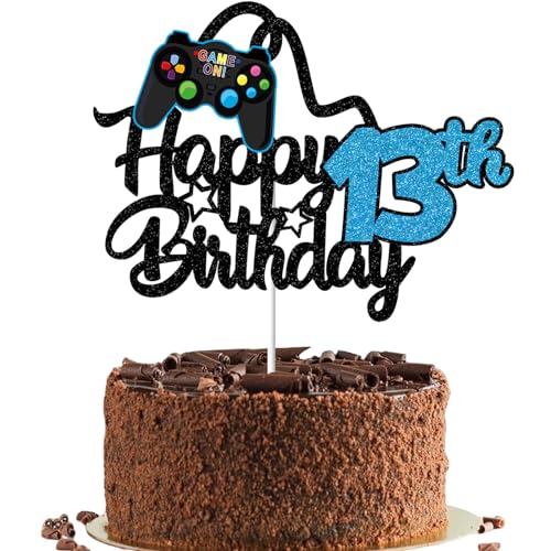 Gidobo Tortenaufsatz "Happy 13th Birthday" für Jungen, glitzernde Videospiel-Kuchenaufsätze, Spiel auf mit Controllern, für dreizehn Jahre alte Geburtstagsparty-Zubehör von Gidobo