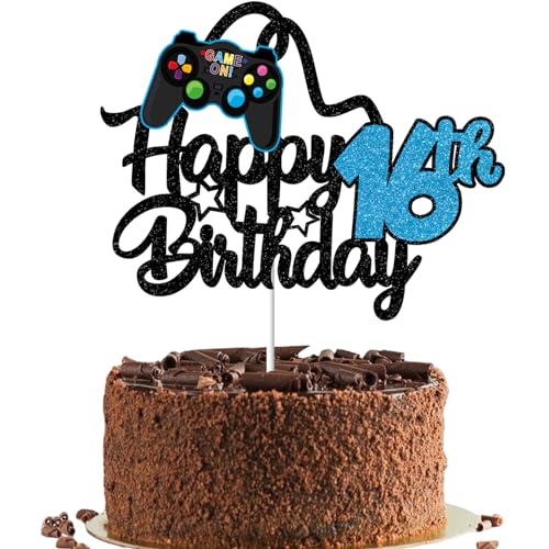 Gidobo Tortenaufsatz "Happy 16th Birthday" für Jungen, glitzernde Videospiel-Kuchenaufsätze, Spiel auf mit Controllern, für 16 Jahre alte Geburtstagsparty-Zubehör von Gidobo