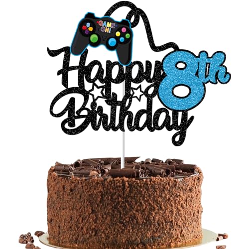 Gidobo Tortenaufsatz "Happy 8th Birthday" für Jungen, glitzernde Videospiel-Kuchenaufsätze, Spiel auf mit Controllern, für acht Jahre alte Geburtstagsparty-Zubehör von Gidobo