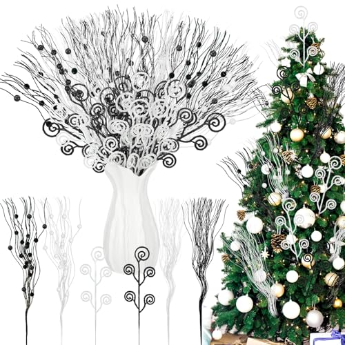 Giegxin Künstliche Glitzerstiele, 43,2 cm, 30,5 cm, Schwarz und Weiß, 24 Stück, Weihnachts-Süßigkeitenspieße und Sprays, Ornamente, Zweige, Stäbchen für Weihnachtsbaum, Kranz, Vase, Heimdekoration von Giegxin