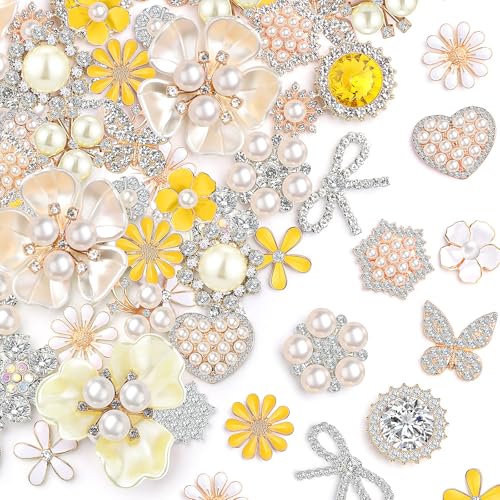 Giegxin Strass-Knöpfe zum Basteln, Kunstperlen, Schmetterling, Blume, Vintage-Brosche für Hochzeitsdekorationen, Schmuckherstellung, DIY, Kleidung, Tasche, Schuhe, Zubehör (Gelb-Weiß), 48 Stück von Giegxin