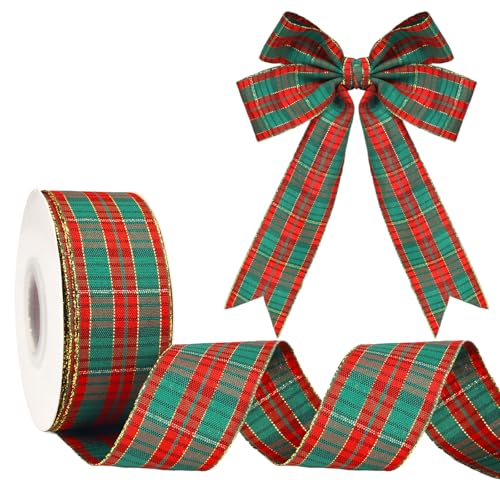 Weihnachtsband 40 mm Breit, Rot und Grün Geschenkband, Kariertes Band mit Goldkante, 22M Bänder Weihnachten Dekoband für Weihnachtsbasteleien, Geschenkverpackungen und Weihnachtsbaum-Girlandendeko von Gifeerory