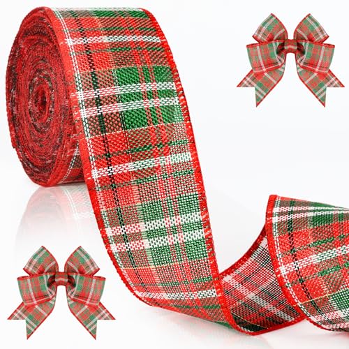 Weihnachtsband 6CM Breit, Rot und Grün Geschenkband, Kariertes Band mit Drahtkante, 10M Bänder Weihnachten Dekoband für Weihnachtsbasteleien, Geschenkverpackungen und Weihnachtsbaum-Girlandendeko von Gifeerory