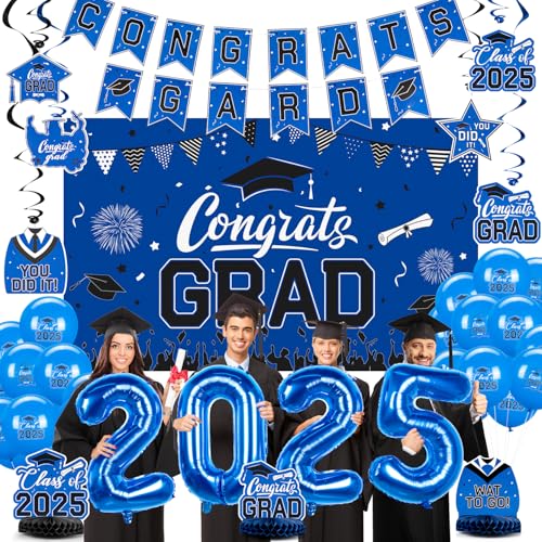 Abschlussdekorationen, Klasse 2025, Abschlussparty-Zubehör für Abschluss- und College-Feiern, Congrats Grade Dekorationen mit 2025 Banner, Hintergrund, Luftballons und Waben, Blau Abschlussdekorationen, Klasse 2025, Abschlussparty-Zubehör für Abschluss- und College-Feiern, Congrats Grade Dekorationen mit 2025 Banner, Hintergrund, Luftballons und Waben, Blau von GiftPeak