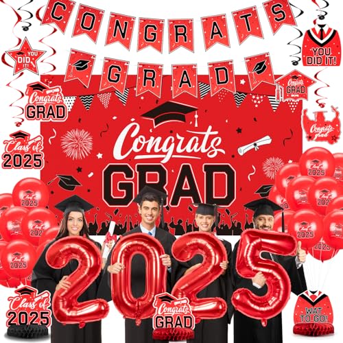 Abschlussdekorationen, Klasse 2025, Gold-Themen-Abschluss-Partyzubehör für High School & College-Feiern, Congrats Grade Dekorationen mit 2025 Banner, Hintergrund, Luftballons und Waben, Rot Abschlussdekorationen, Klasse 2025, Gold-Themen-Abschluss-Partyzubehör für High School & College-Feiern, Congrats Grade Dekorationen mit 2025 Banner, Hintergrund, Luftballons und Waben, Rot von GiftPeak