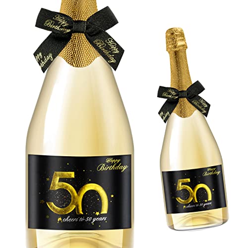 Giftota 2 Stück 50 Geburtstags-Flaschenetikett & Geschenkschleifen - Weinetiketten Personalisiert Selbstklebend für Sekt und Schaumwein - 50 Geburtstag Deko - Geburtstags-Geschenk für Männer & Frauen von Giftota