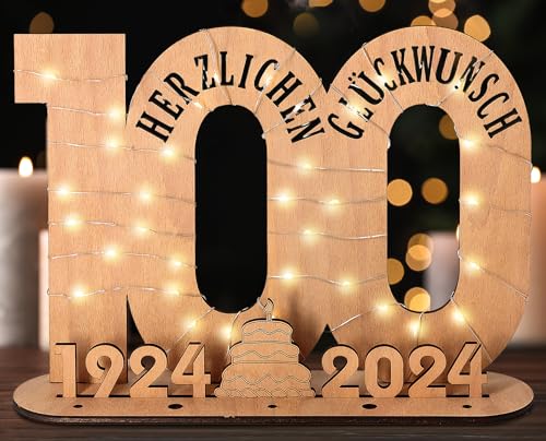 Giftota - 2024 Originelle 100 Geburtstag Geschenk Frauen & Männer - Geldgeschenke Geburtstag mit LED Lichterkette Ständer - Holz-Schild Gästebuch - 100 Geburtstag Deko - Personalisierbares Geschenk von Giftota