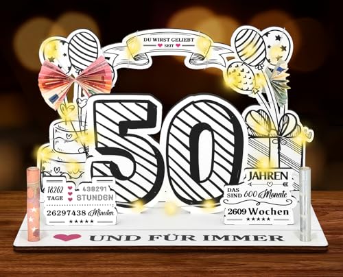 Giftota 50 Geburtstag Geldgeschenke Holz mit LED Lichterkette, 50 Geburtstag Frau, 50. Geburtstag Mann, 50 Jahre 3D-Holzkarte Geschenke von Giftota