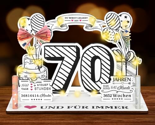 Giftota 70 Geburtstag Geldgeschenke Holz mit LED Lichterkette, 70 Geburtstag Frau, 70. Geburtstag Mann, 70 Jahre 3D-Holzkarte Geschenke von Giftota