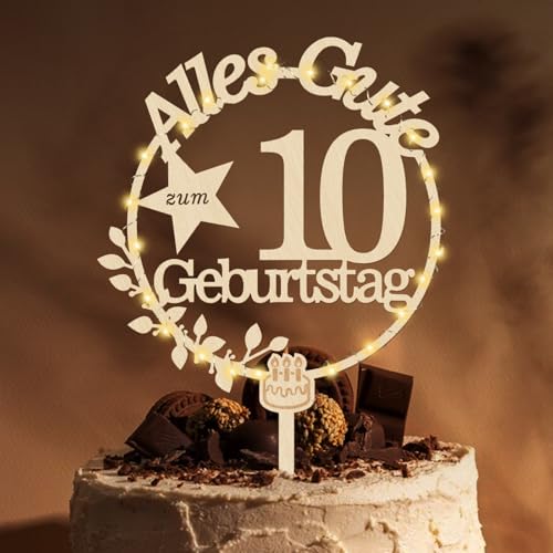 Giftota Cake Topper 10. Geburtstag Holz mit LED Lichterkette - Tortendeko 10. Geburtstag Deko - Kuchen Deko für Jungen Mädchen von Giftota