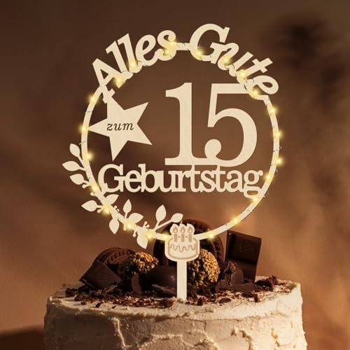 Giftota Cake Topper 15. Geburtstag Holz mit LED Lichterkette - Tortendeko 15. Geburtstag Deko - Kuchen Deko für Jungen Mädchen Giftota Cake Topper 15. Geburtstag Holz mit LED Lichterkette - Tortendeko 15. Geburtstag Deko - Kuchen Deko für Jungen Mädchen von Giftota