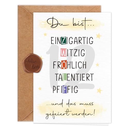 Giftota Geburtstagskarte 12 Jahre Mädchen Jungen (A6 Klappkarte mit Umschlag & Wachssiegel), Schöne Geschenkkarte zum 12. Geburtstag mit besonderen Designs, Sweet 12 Grußkarten für Freunde, Kinder von Giftota