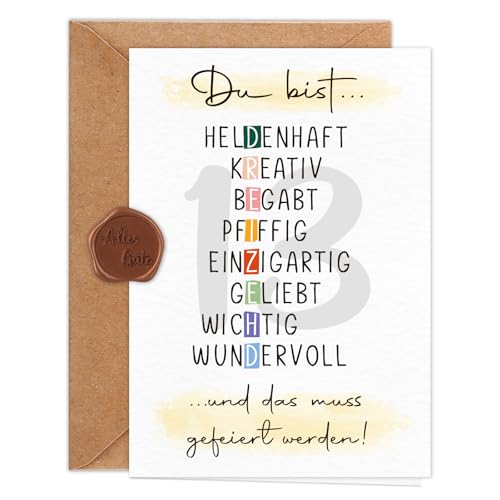 Giftota Geburtstagskarte 13 Jahre Mädchen Jungen (A6 Klappkarte mit Umschlag & Wachssiegel), Schöne Geschenkkarte zum 13. Geburtstag mit besonderen Designs, Sweet 13 Grußkarten für Freunde, Kinder von Giftota