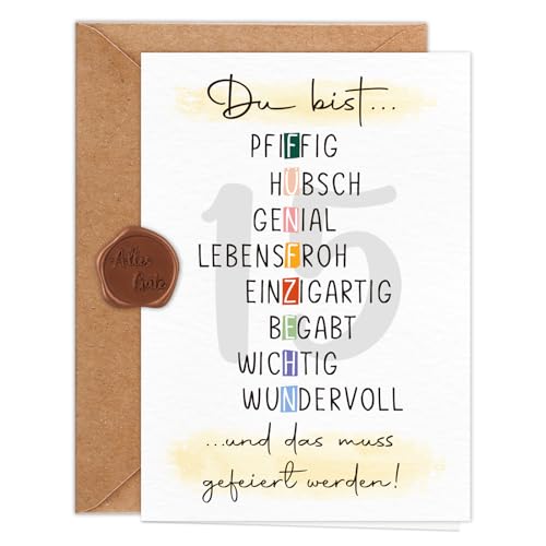 Giftota Geburtstagskarte 15 Jahre Mädchen Jungen (A6 Klappkarte mit Umschlag & Wachssiegel), Schöne Geschenkkarte zum 15. Geburtstag mit besonderen Designs, Sweet 15 Grußkarten für Freunde, Kinder von Giftota