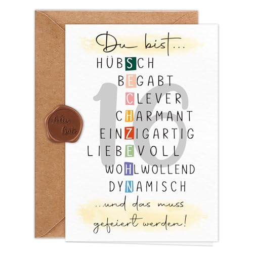Giftota Geburtstagskarte 16 Jahre Mädchen Jungen (A6 Klappkarte mit Umschlag & Wachssiegel), Schöne Geschenkkarte zum 16. Geburtstag mit besonderen Designs, Sweet 16 Grußkarten für Freunde, Kinder von Giftota