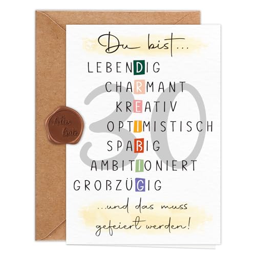 Giftota Geburtstagskarte 30 Jahre Frau Mann (A6 Klappkarte mit Umschlag & Wachssiegel), Schöne Geschenkkarte zum 30. Geburtstag mit besonderen Designs, 30. Grußkarten für Freunde, Geliebte und Eltern von Giftota
