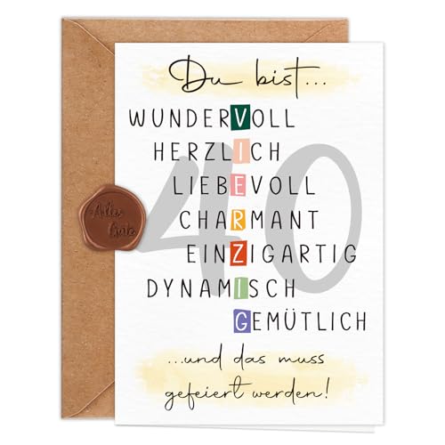 Giftota Geburtstagskarte 40 Jahre Frau Mann (A6 Klappkarte mit Umschlag & Wachssiegel), Schöne Geschenkkarte zum 40. Geburtstag mit besonderen Designs, 40. Grußkarten für Freunde, Geliebte und Eltern von Giftota
