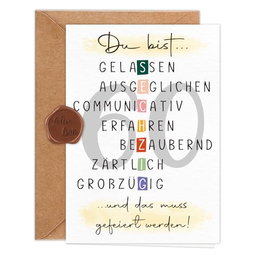 Giftota Geburtstagskarte 60 Jahre Frau Mann (A6 Klappkarte mit Umschlag & Wachssiegel), Schöne Geschenkkarte zum 60. Geburtstag mit besonderen Designs, 60. Grußkarten für Freunde, Geliebte und Eltern von Giftota