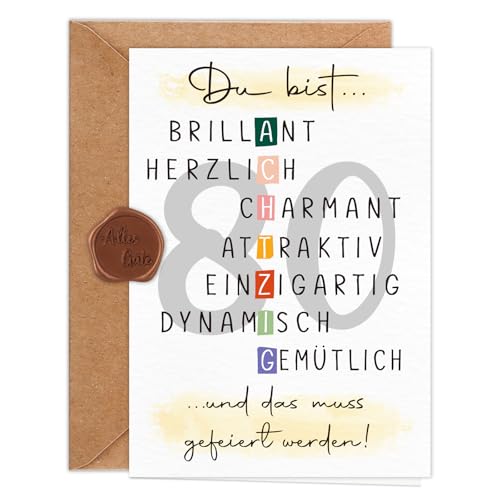 Giftota Geburtstagskarte 80 Jahre Frau Mann (A6 Klappkarte mit Umschlag & Wachssiegel), Schöne Geschenkkarte zum 80. Geburtstag mit besonderen Designs, 80. Grußkarten für Freunde, Geliebte und Eltern von Giftota