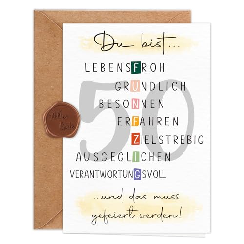 Giftota Karte 50 Geburtstag Frau Mann (A6 Klappkarte mit Umschlag & Wachssiegel), Schöne Geschenkkarte zum 50. Geburtstag mit besonderen Designs, 50. Grußkarten für Freunde, Geliebte und Eltern von Giftota