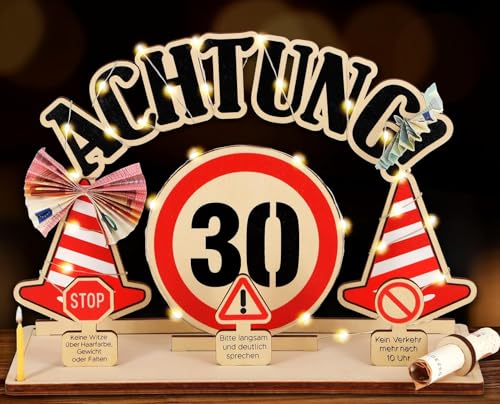 Giftota Lustige 30. Geburtstag Geldgeschenke Holz mit LED Lichterkette - Auffällige Verkehrsschilder - Geschenke zum 30 Geburtstag Männer Frauen, 30 Geldgeschenke Verpackung von Giftota