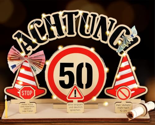 Giftota Lustige 50. Geburtstag Geldgeschenke Holz mit LED Lichterkette - Auffällige Verkehrsschilder - Geschenke zum 50 Geburtstag Mann Frau, 50 Geldgeschenke Verpackung von Giftota