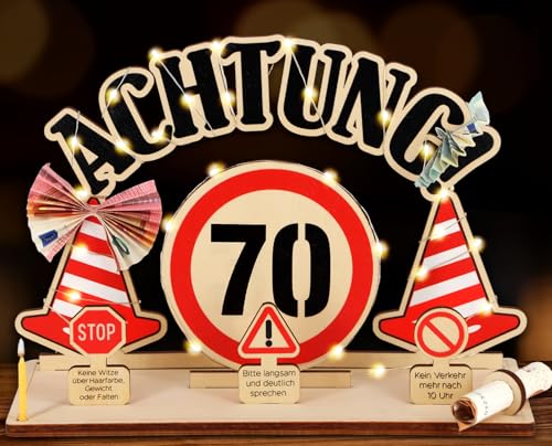 Giftota Lustige 70. Geburtstag Geldgeschenke Holz mit LED Lichterkette - Auffällige Verkehrsschilder - Geschenke zum 70 Geburtstag Mann Frau, 70 Geldgeschenke Verpackung von Giftota