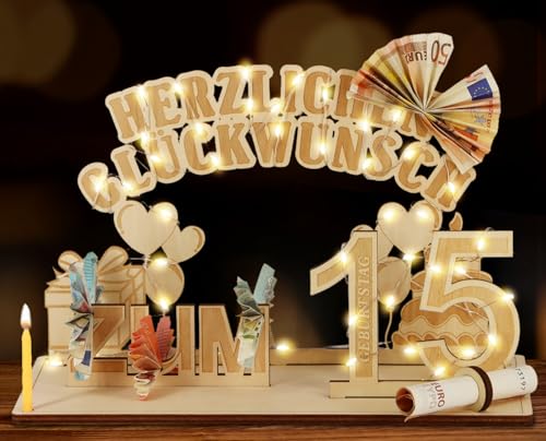 Giftota Original 15. Geburtstag Geldgeschenke Holz mit LED Lichterkette, Deko 15 Geburtstag Mädchen Junge, Geburtstagsgeschenk für 15 Jahre Mädchen Junge Giftota Original 15. Geburtstag Geldgeschenke Holz mit LED Lichterkette, Deko 15 Geburtstag Mädchen Junge, Geburtstagsgeschenk für 15 Jahre Mädchen Junge von Giftota