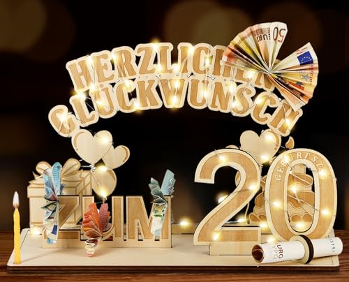 Giftota Original 20. Geburtstag Geldgeschenke Holz mit LED Lichterkette, Geschenke zum 20 Geburtstag Mann Frau, 20. Geburtstagsgeschenk Dekoration von Giftota