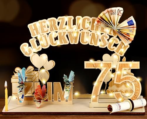 Giftota Original 75. Geburtstag Geldgeschenke Holz mit LED Lichterkette, Geschenke zum 75. Geburtstag Mann Frau, Dekoration von Giftota