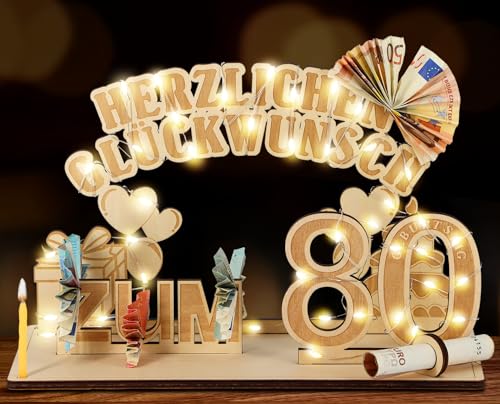 Giftota Original 80. Geburtstag Geldgeschenke Holz mit LED Lichterkette, Geschenke zum 80 Geburtstag Mann Frau, 80. Geburtstagsgeschenk Dekoration von Giftota