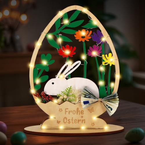 Giftota Osterdeko Holz mit LED Lichterkette, Frühlingsdeko Tisch Osterhase Deko, Geldgeschenk zu Ostern, DIY Osterdekoration, Original Ostergeschenke Kinder Familien von Giftota