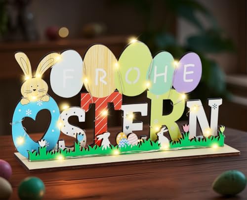 Giftota Osterdeko Holz mit LED Lichterkette, Frühlingsdeko Tisch Osterhase Deko, Original Ostergeschenke Kinder Familien - Osterdekoration Hase von Giftota