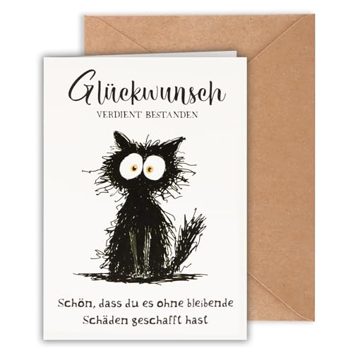 Giftota Prüfung Bestanden Grußkarte(inkl. Umschlag), Lustige Klappkarte mit Katzenmotiv, Geschenke zur Prüfung, Ausbildung, Führerschein bestanden, Schulabschluss, Bachelor von Giftota