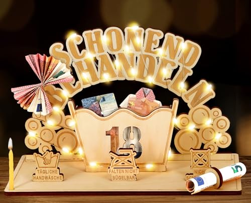 Giftota Witzige 18. Geburtstag Geldgeschenke Holz mit LED Lichterkette - Schonend Behandeln 18 - Geschenk 18 Geburtstag Mädchen Junge, 18 Geburtstag Deko von Giftota