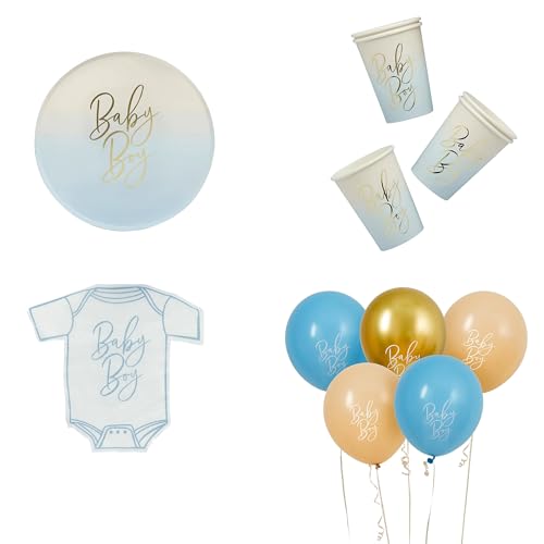 Baby Shower Party Essentials Baby Boy Tassen, Teller, Servietten und Luftballons von Gifts Direct 2 U