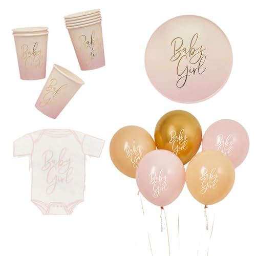 Baby Shower Party Essentials Baby Girl Tassen, Teller, Servietten und Luftballons von Gifts Direct 2 U
