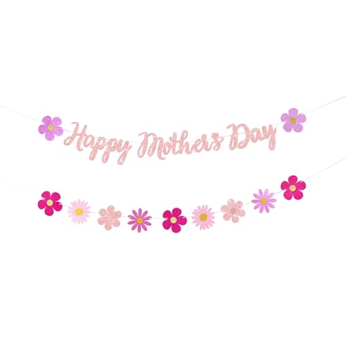 Happy Mother's Day Banner Set Dekoration für Muttertag Party Dekorationen Hintergrund Girlande für Mama Muttertag Glitzer Girlande Foto Requisiten (Pink Floral) von Giga Gud