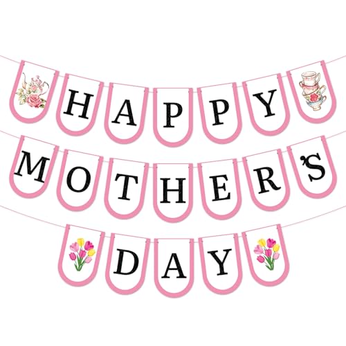 Happy Mother's Day Banner Set Dekoration für Muttertag Party Dekorationen Hintergrund Girlande für Mama Muttertag Glitzer Girlande Foto Requisiten (Rosa Teetasse) von Giga Gud