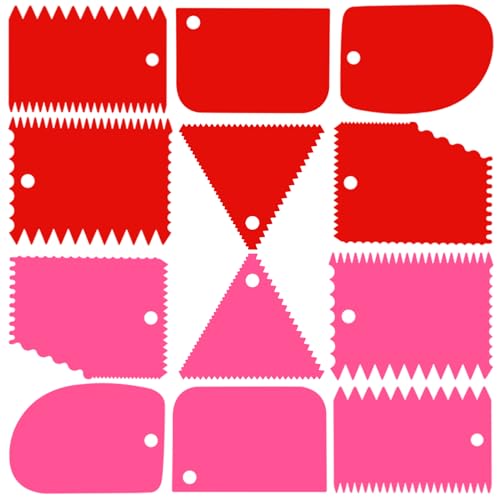 Gigavo Kuchenschaber, Glättungswerkzeug-Set, 12-teilig, Kuchenglätter, Teller-Kombination, Kuchenglasur-Schaber, Kuchenrand-Dekorationswerkzeug (Rot+Rosa) von Gigavo